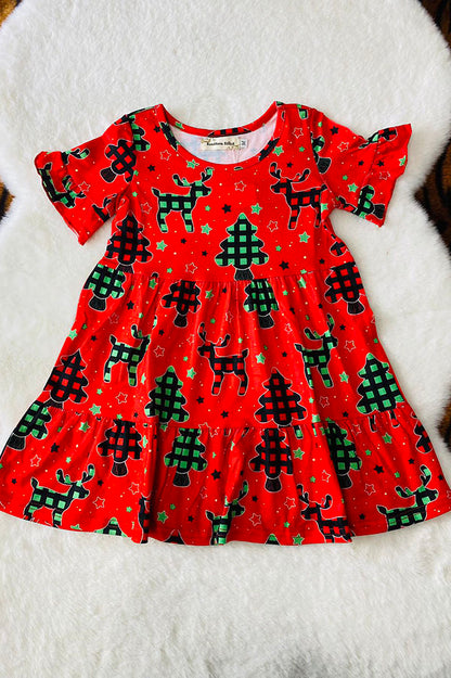 XCH03002 Christmas trees & deers print ruffle short sleeve girls dress