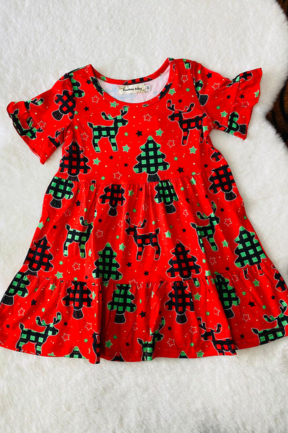 XCH03002 Christmas trees & deers print ruffle short sleeve girls dress