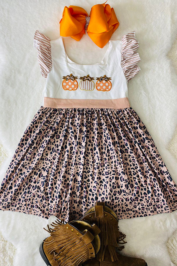 DLH2439 Pumpkin embroidery striped leopard print girls dress