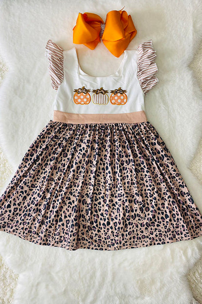 DLH2439 Pumpkin embroidery striped leopard print girls dress