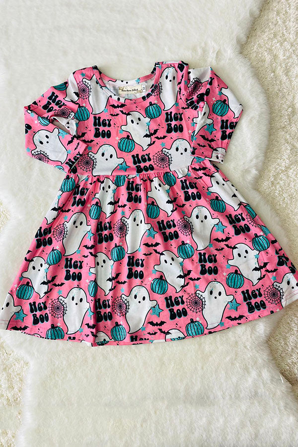 "HEY BOO" pink ghost & pumpkin print long sleeve dress XCH0555-21H