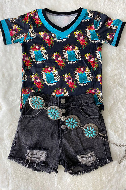 Black w/turquoise boots V-neck short sleeve t-shirt DLH0821-3