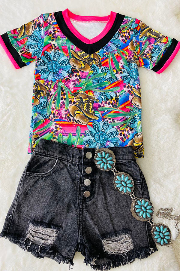 Multicolor western print V-neck short sleeve top DLH1215-26