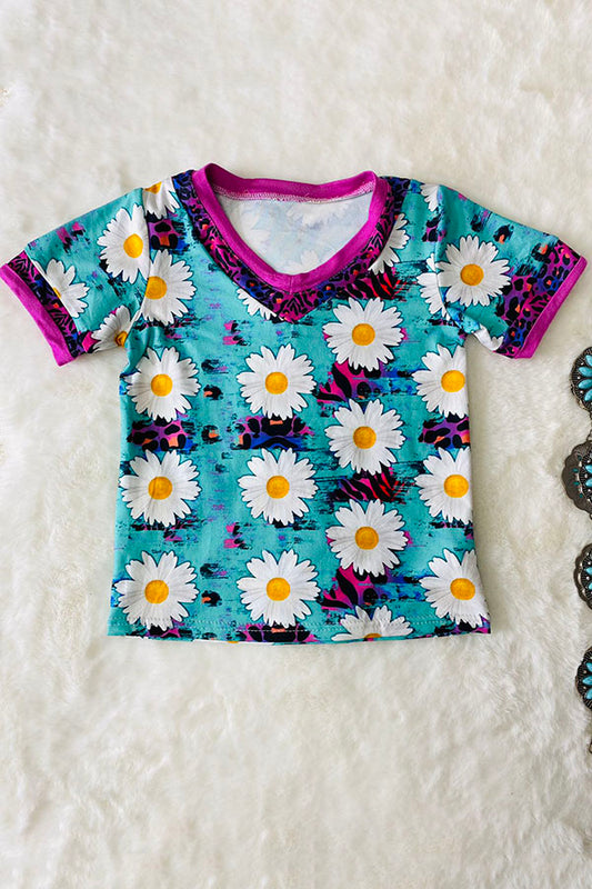 Daisy's & multicolor animal print short sleeve V-neck top DLH0821-1