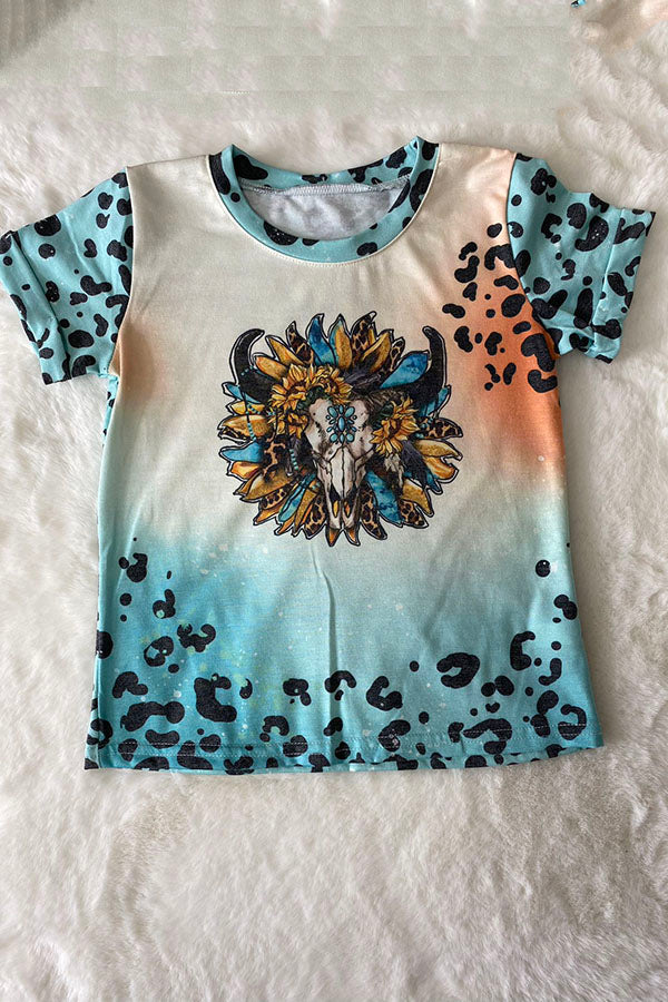 Bull skull on a animal print sunflower short sleeve top DLH1017-10