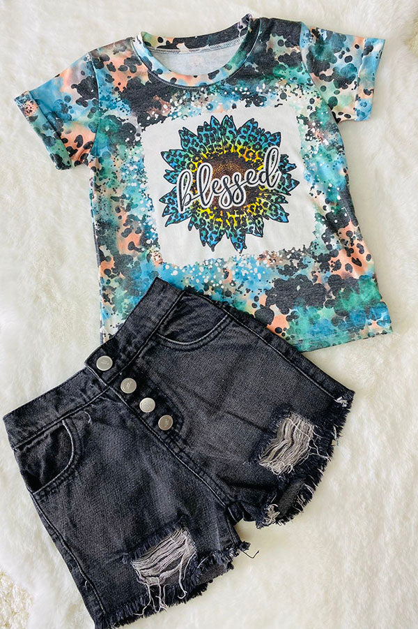 "BLESSED" multicolor animal print sunflower short sleeve t-shirt DLH1017-9