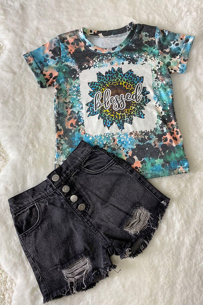 "BLESSED" multicolor animal print sunflower short sleeve t-shirt DLH1017-9