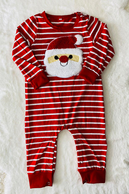 DLH2824 Christmas red white striped & santa patch long sleeve baby romper