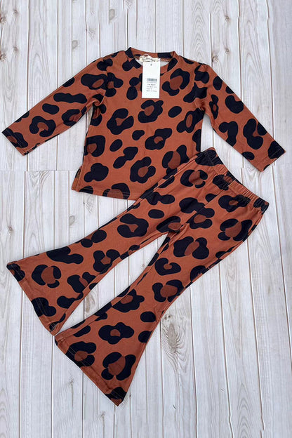 BQ2415 Brown leopard knited 2pc girls clothing sets