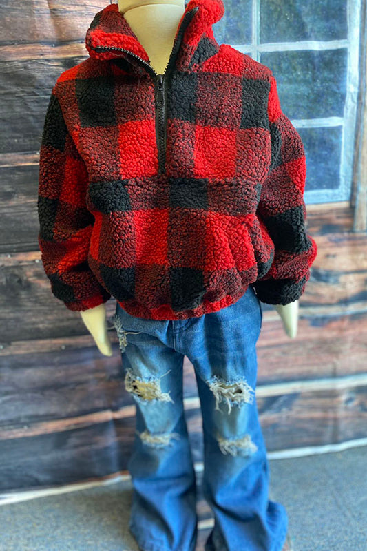 DLH2729 Kids Red/Black plaid sherpa long sleeve pullover w/zipper and pocket