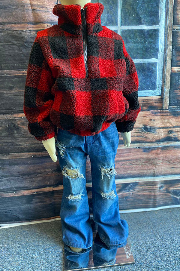 DLH2729 Kids Red/Black plaid sherpa long sleeve pullover w/zipper and pocket