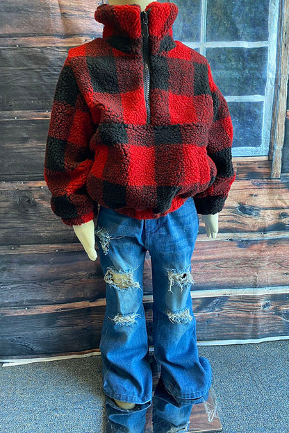 DLH2729 Kids Red/Black plaid sherpa long sleeve pullover w/zipper and pocket