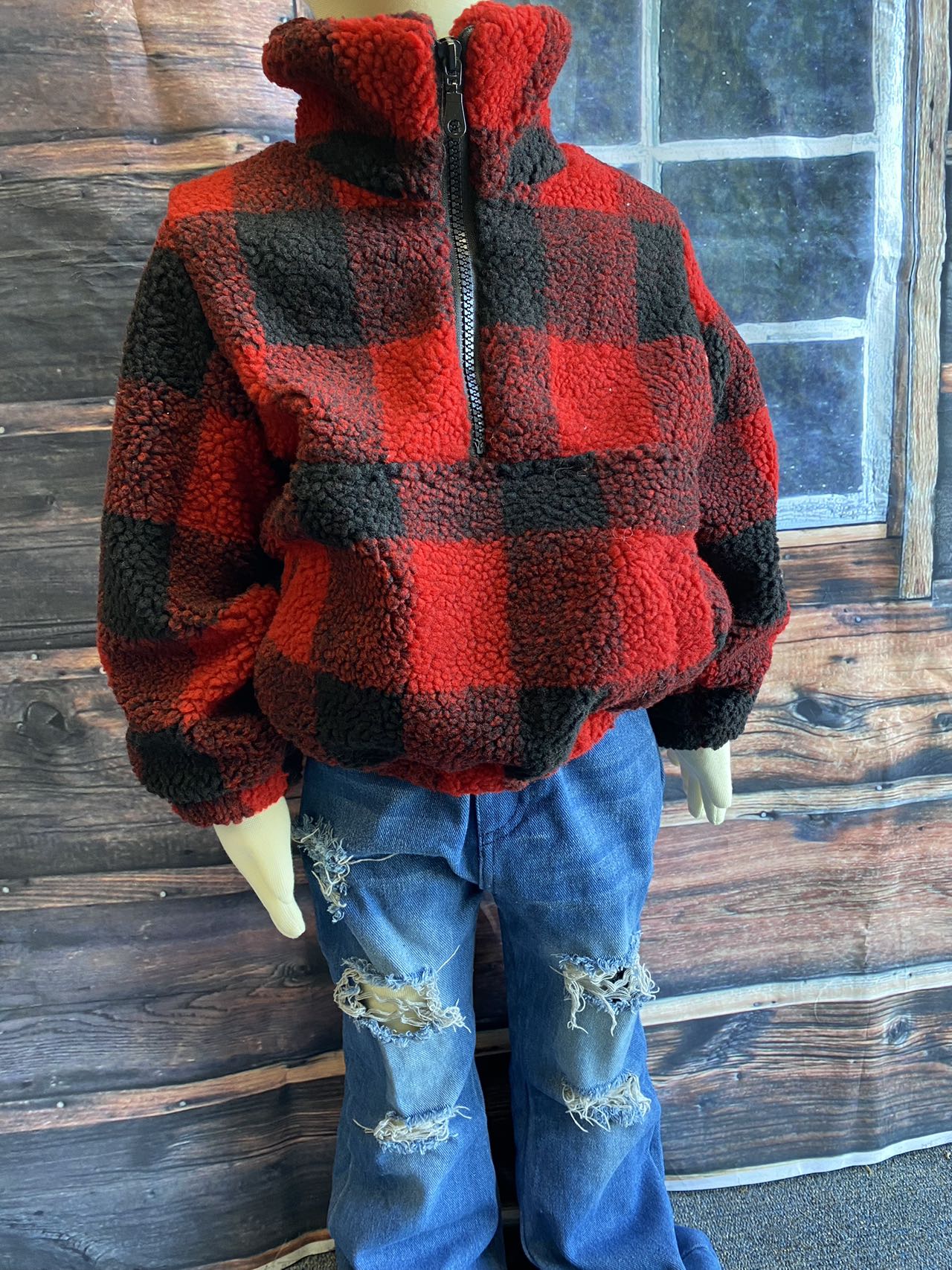 DLH2729 Kids Red/Black plaid sherpa long sleeve pullover w/zipper and pocket