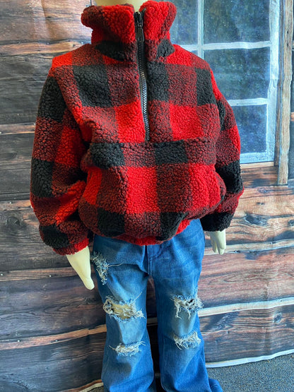 DLH2729 Kids Red/Black plaid sherpa long sleeve pullover w/zipper and pocket