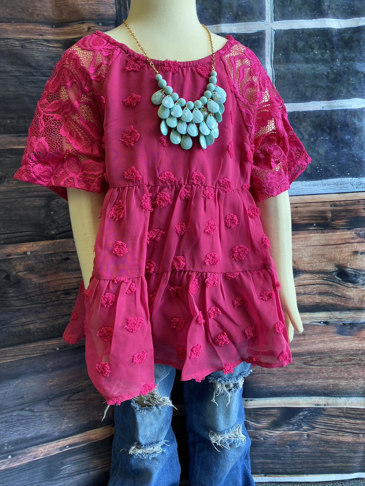 BQ2402 Mom and Me polka dot fuchsia baby doll girls top w/lace raglan sleeve