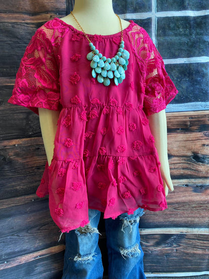 BQ2402 Mom and Me polka dot fuchsia baby doll girls top w/lace raglan sleeve