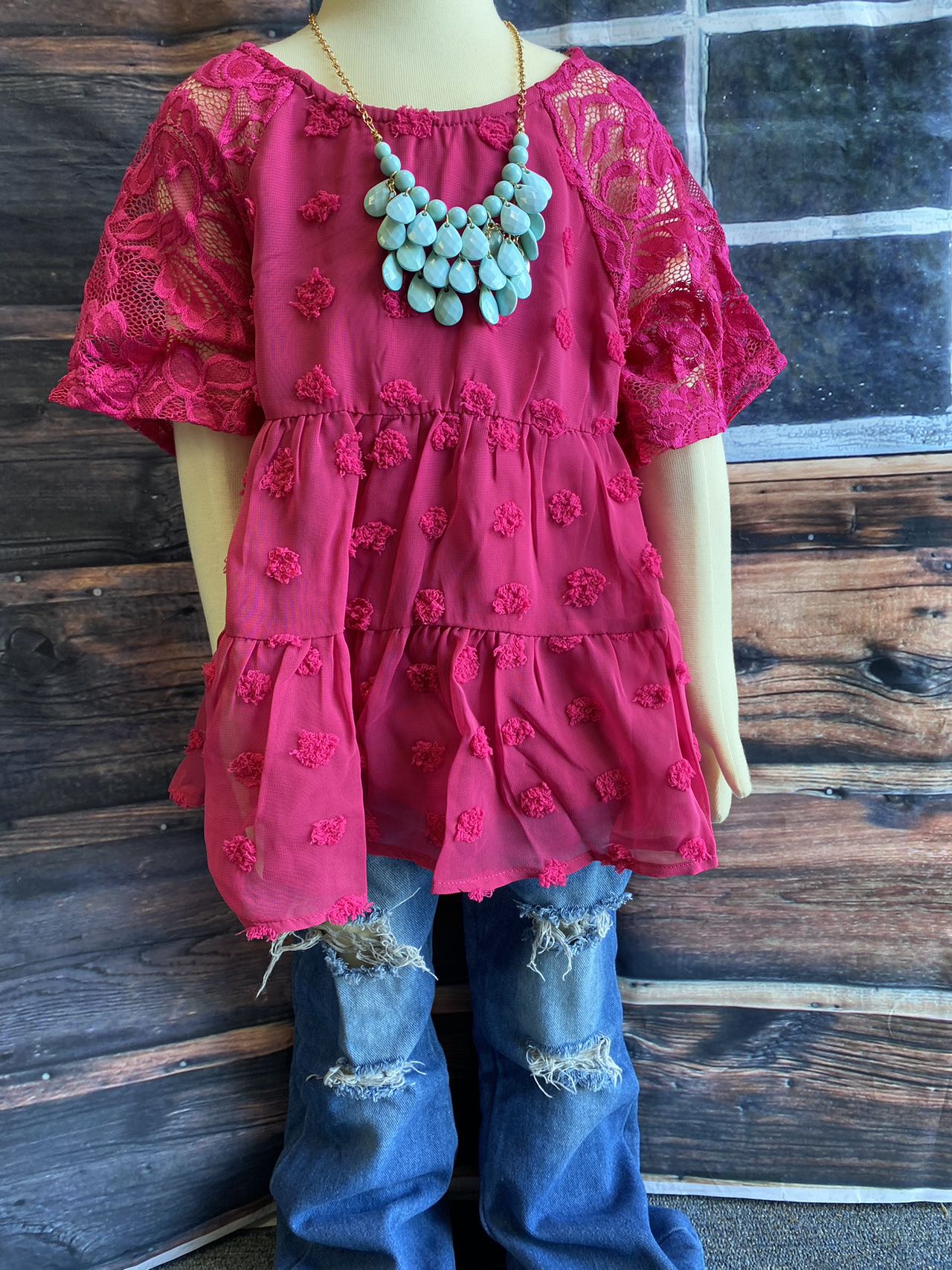 BQ2402 Mom and Me polka dot fuchsia baby doll girls top w/lace raglan sleeve