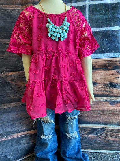 BQ2402 Mom and Me polka dot fuchsia baby doll girls top w/lace raglan sleeve