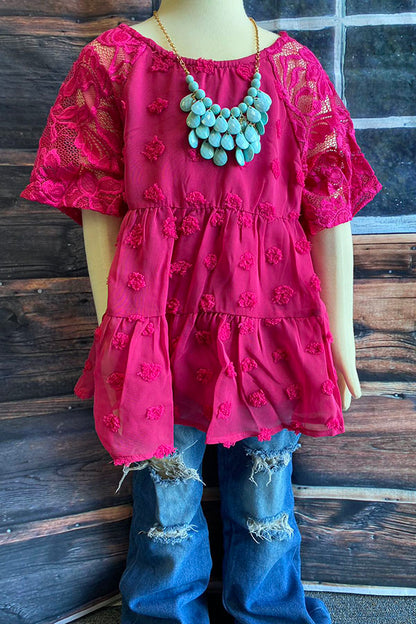 BQ2402 Mom and Me polka dot fuchsia baby doll girls top w/lace raglan sleeve