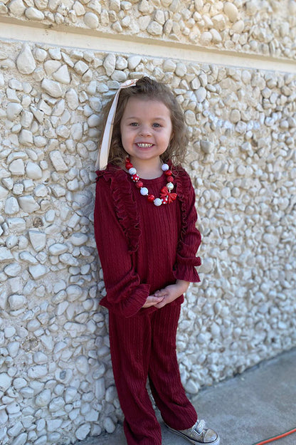 DLH2814 Burgundy knitted ruffle long sleeve top pant 2pc girls clothing sets