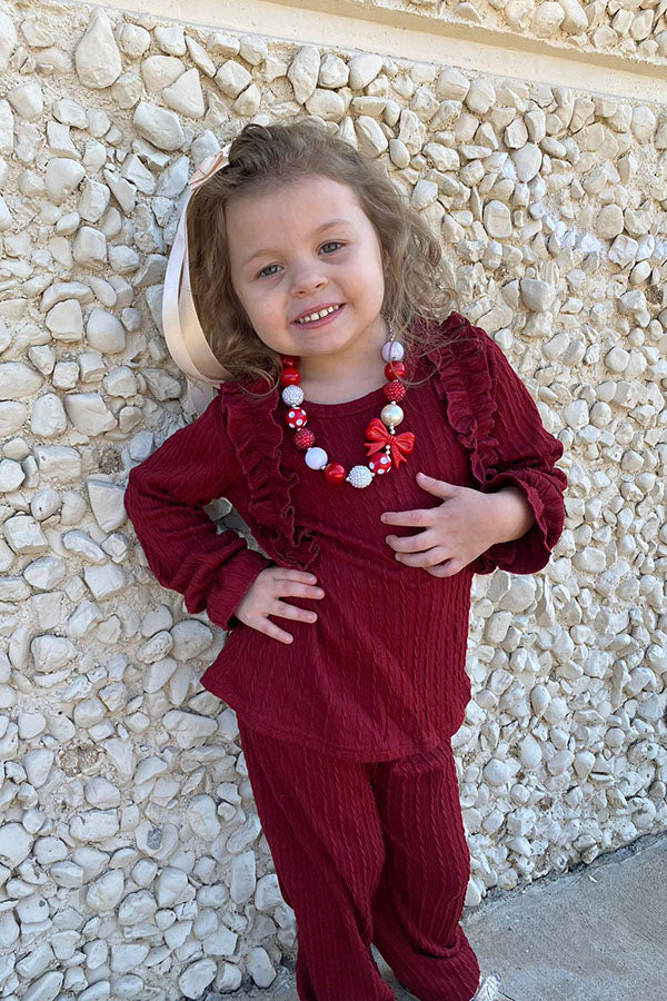 DLH2814 Burgundy knitted ruffle long sleeve top pant 2pc girls clothing sets