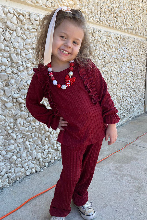 DLH2814 Burgundy knitted ruffle long sleeve top pant 2pc girls clothing sets