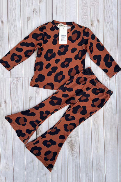 BQ2415 Brown leopard knited 2pc girls clothing sets