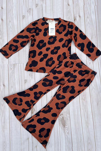 BQ2415 Brown leopard knited 2pc girls clothing sets