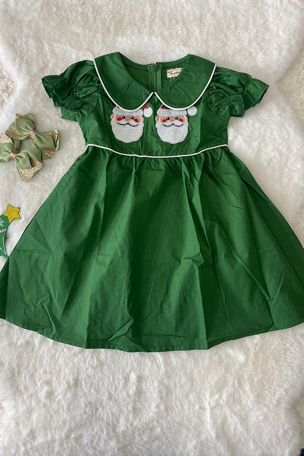 XCH03003 Christmas sequin santa embroidery green smock girls dress