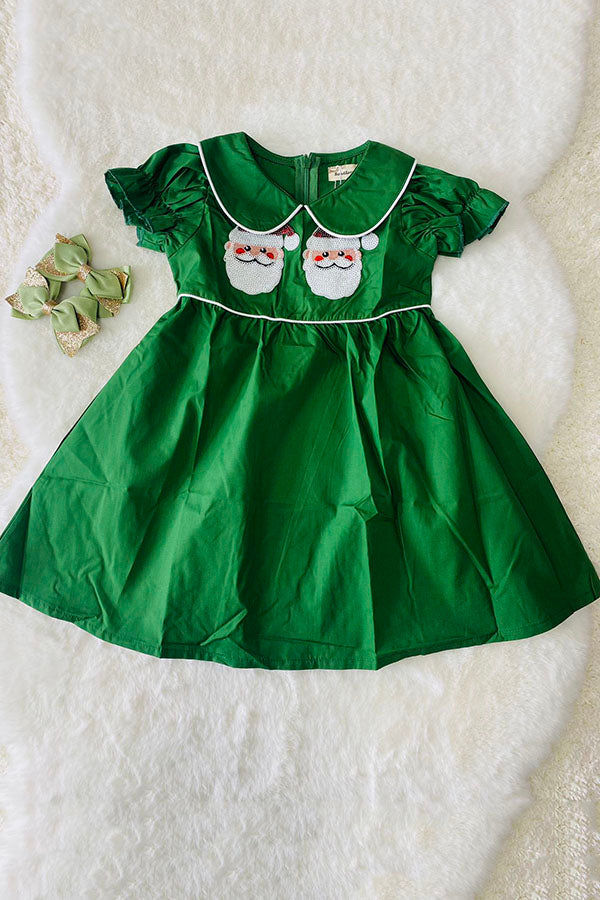 XCH03003 Christmas sequin santa embroidery green smock girls dress