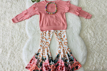 X04005 Pink ruffle long sleeve sweatshirts floral bell bottom 2pc girls sets