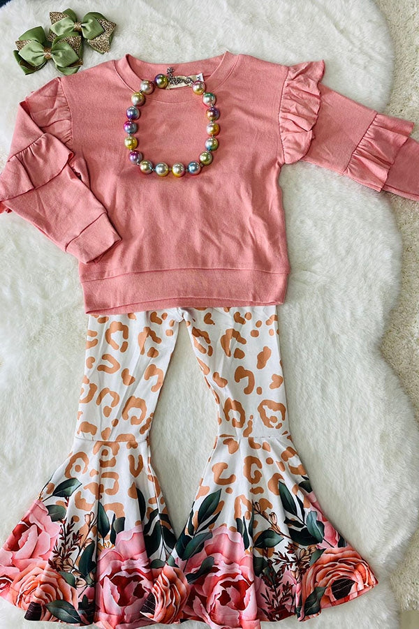 X04005 Pink ruffle long sleeve sweatshirts floral bell bottom 2pc girls sets