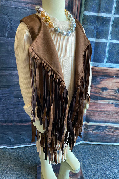 DLH2593 Western brown suede cowgirl sleeveless fringe vest