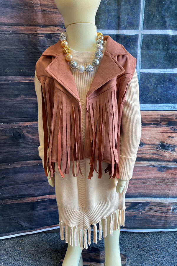 DLH2655 Mauve pink suede girls vest with tassels