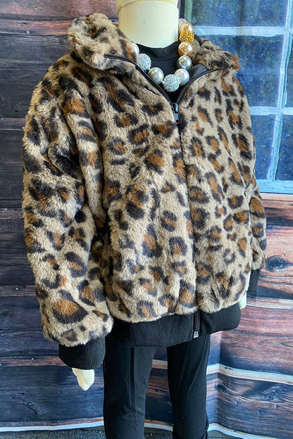 Kids Leopard Print Flannel Zipper Jacket DLH2643