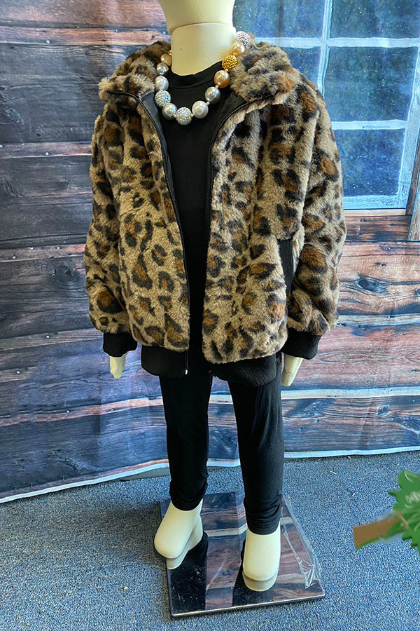 Kids Leopard Print Flannel Zipper Jacket DLH2643