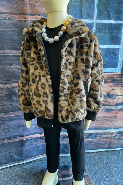 Kids Leopard Print Flannel Zipper Jacket DLH2643