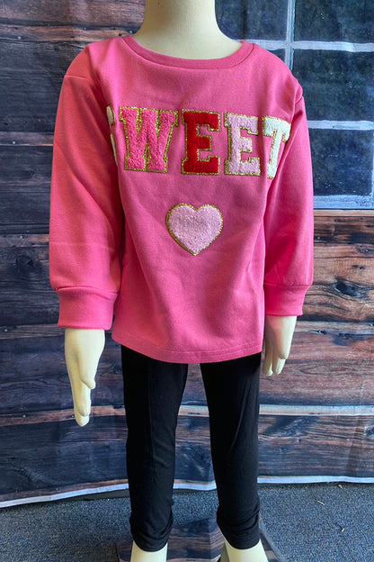 XCH01001 SWEET & heart embroidery pink long sleeve pullover girls sweatershirt