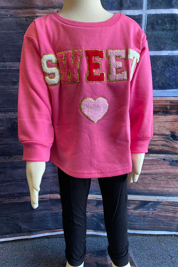 XCH01001 SWEET & heart embroidery pink long sleeve pullover girls sweatershirt