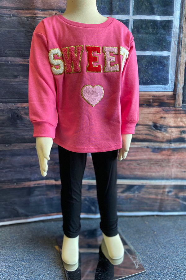 XCH01001 SWEET & heart embroidery pink long sleeve pullover girls sweatershirt