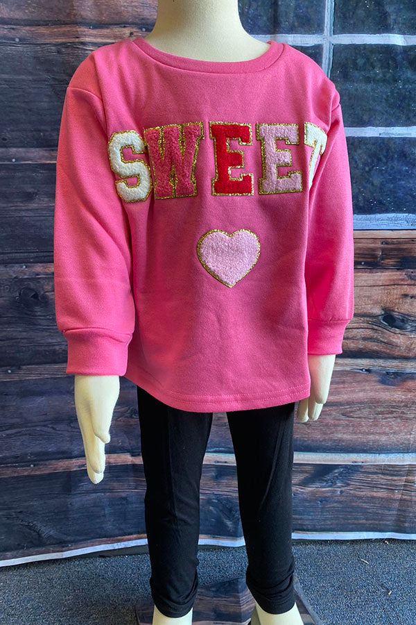 XCH01001 SWEET & heart embroidery pink long sleeve pullover girls sweatershirt