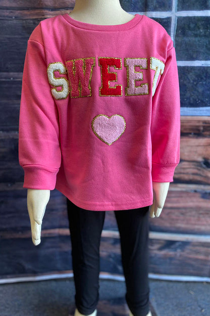 XCH01001 SWEET & heart embroidery pink long sleeve pullover girls sweatershirt