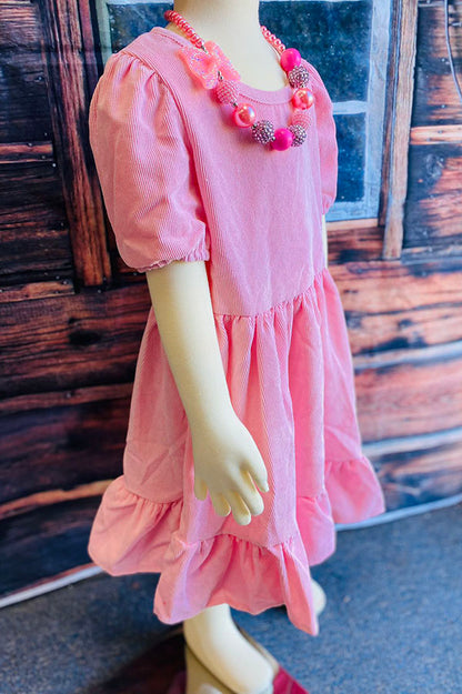 DLH2721 Pink corduroy short sleeve swirl girls dress
