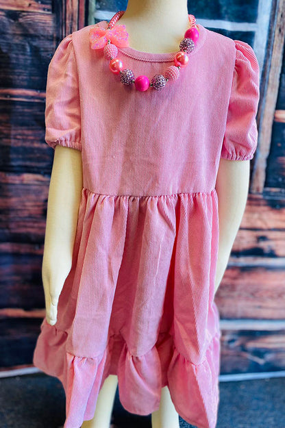 DLH2721 Pink corduroy short sleeve swirl girls dress