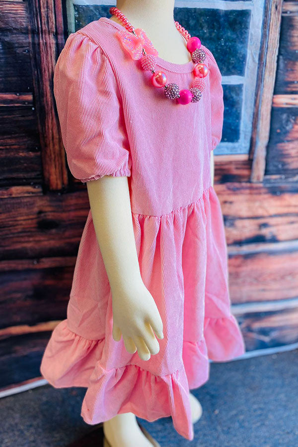 DLH2721 Pink corduroy short sleeve swirl girls dress