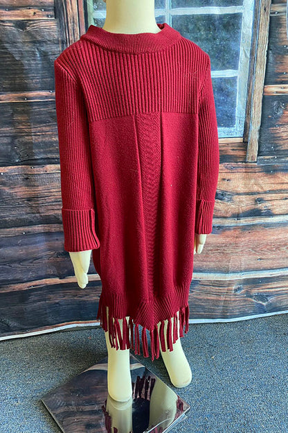 Burgundy girls knit dress w/tassels DLH2516