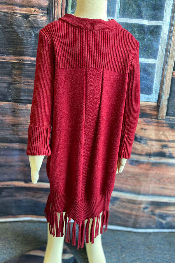 Burgundy girls knit dress w/tassels DLH2516