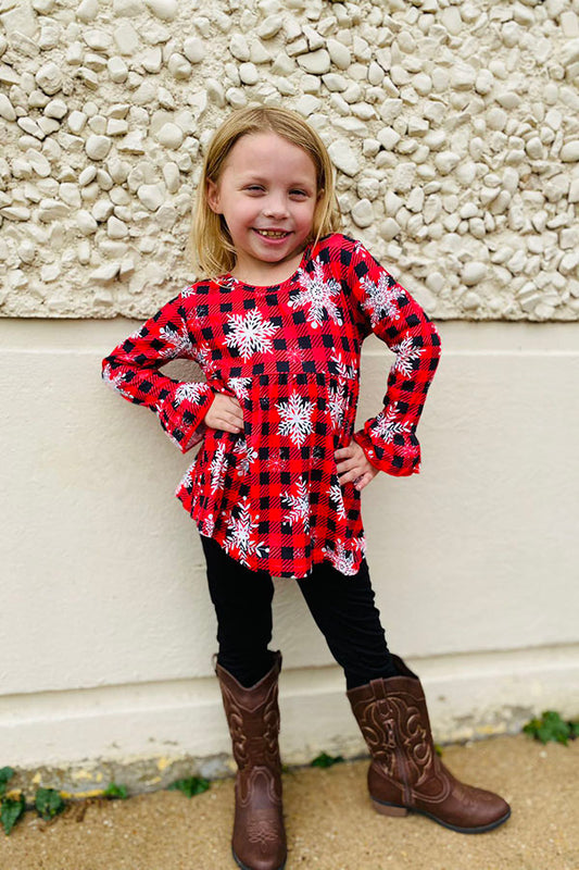 Kids Red/Black plaid &snowflake print top bottom sets XCH0010-25H