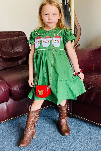 XCH03003 Christmas sequin santa embroidery green smock girls dress