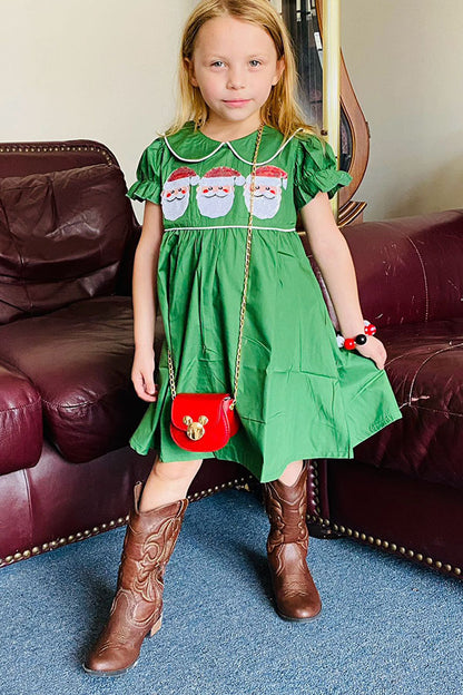 XCH03003 Christmas sequin santa embroidery green smock girls dress